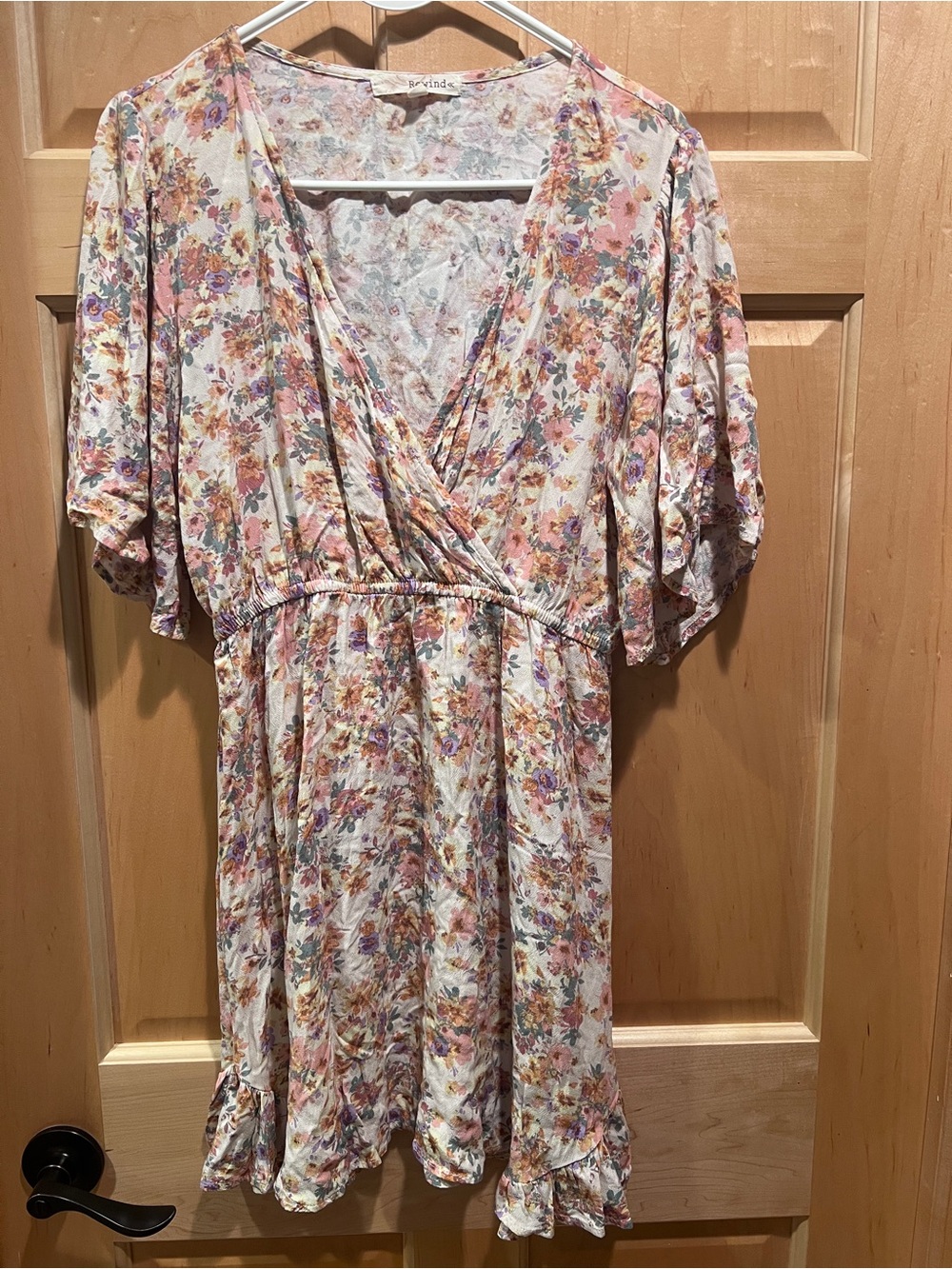Rewind Cottagecore Floral V-Neck Mini Dress Romantic Garden Peasant Country Med